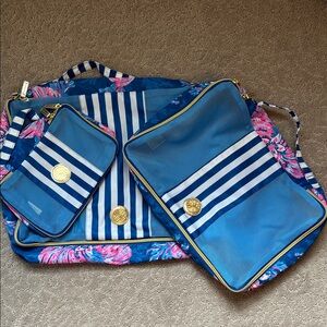 Lilly Pulitzer New Navy & White Striped Blue Travel Tote Set with Gold Trim